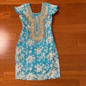 S beaded glitter blue white tunic kurti kurta formal short sleeve two side slits
